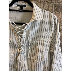 FOREVER 21 White/Black Stripe Front Breast Pocket Shoe String Collar Long Sleeve
